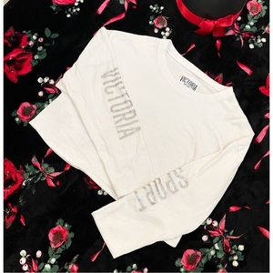 Victoria’s Secret Sport White w/ Silver Sleeve Sparkle Writing Cropped Sweater M